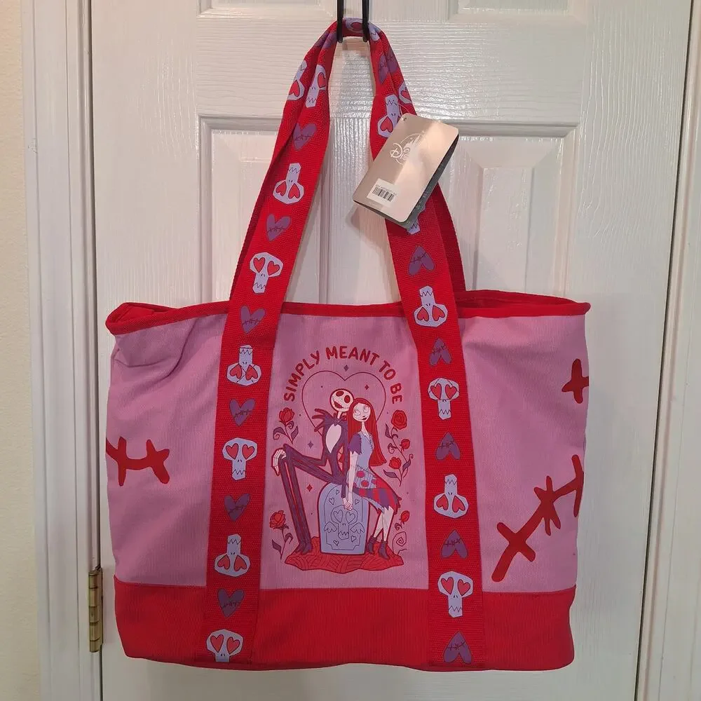 New Disney Nightmare Before Christmas Jack and Sally pink canvas tote bag